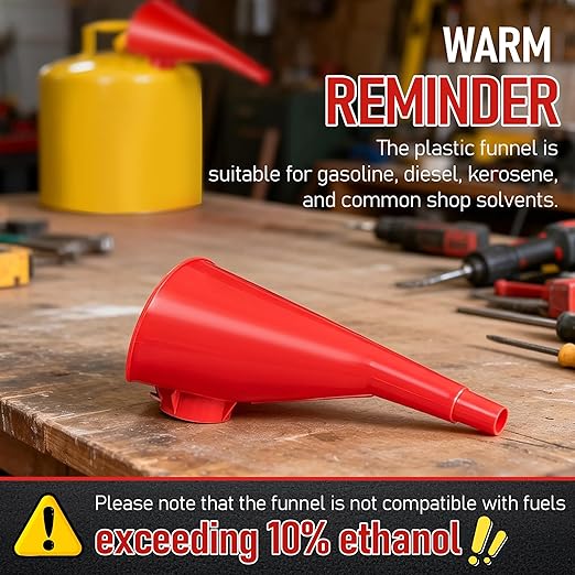 Plastic Funnel for Type I Metal Safety Cans, Compatible with Eagle F15FUN, Fits 1/2/5 Gallon Cans, 10" HDPE Funnel, Includes Diesel Only, Gasoline Only, Mixed Fuel Stickers(2 Pack,Red)