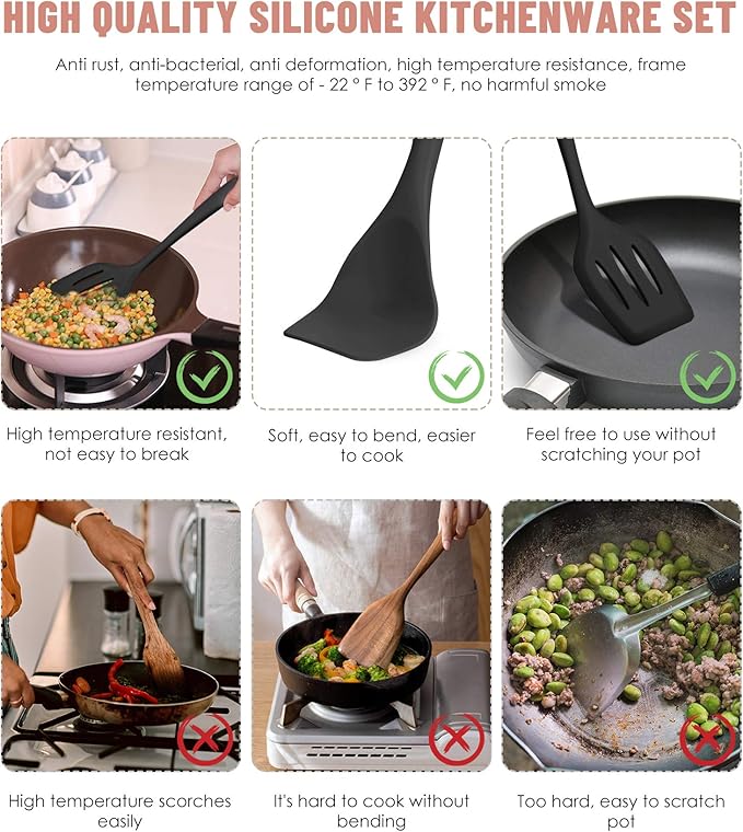 Pranski Kitchen Utensils Set-12 Pieces Silicone Cooking Utensils Set Dishwasher Safe 392°F Heat Resistant Spatula Set Nonstick Cookware - Image 3
