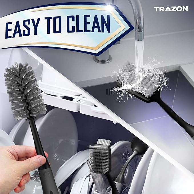 Dish Brush Set of 4 - Kitchen Scrub Brushes with Non-Slip Long Handle for Cleaning, Scrubber, Dishwashing, Dishes, Bottles, Straws, Cups, Pots & Sink, Black - Image 8