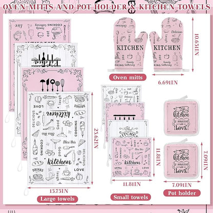 12 Pcs Farmhouse Pink Kitchen Decorations Sets 4 Pink and White Kitchen Towels 4 Absorbent Dishcloths 2 Pot Holders 2 Oven Mitts Gloves for Home Decorations Mom Gifts
