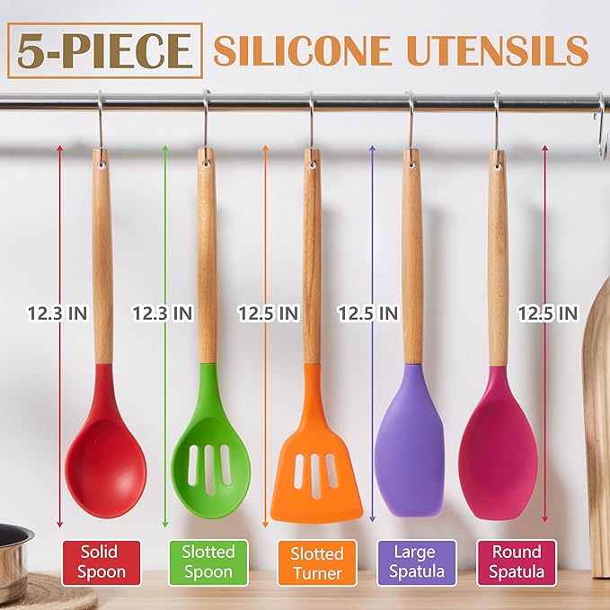 E-far Silicone Cooking Utensils Set, 5-Piece Kitchen Utensils Set with Wooden Handle for Cooking, Silicone Kitchen Nonstick Tools Spatula Turner Slotted Spoons, Nontoxic & Heat Resistant-Colorful - Image 2