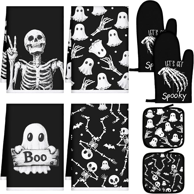 Leinuosen 8 Pcs Skull Kitchen Decor Set Kitchen Towels Gothic Oven Mitts and Pot Holders Skeleton Hand Dish Towels Horror Oven Mitts for Home Decoration Party Gifts (Vintage Color,Ghost) by Leinuosen