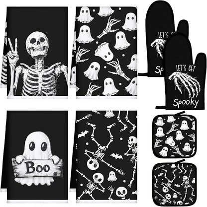 Leinuosen 8 Pcs Skull Kitchen Decor Set Kitchen Towels Gothic Oven Mitts and Pot Holders Skeleton Hand Dish Towels Horror Oven Mitts for Home Decoration Party Gifts (Vintage Color,Ghost) by Leinuosen