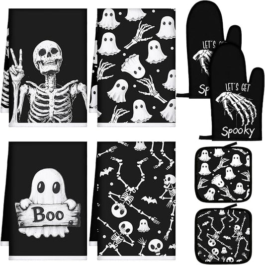 Leinuosen 8 Pcs Skull Kitchen Decor Set Kitchen Towels Gothic Oven Mitts and Pot Holders Skeleton Hand Dish Towels Horror Oven Mitts for Home Decoration Party Gifts (Vintage Color,Ghost) by Leinuosen