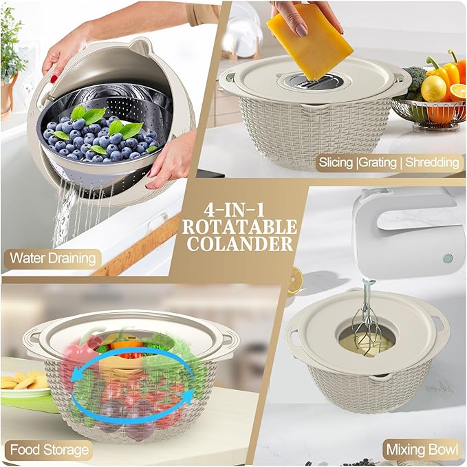 4-1 Colander with Bowl Set - Rotatable Colander for Kitchen (Patented), Upgraded Graters Food Strainers for Pasta Fruits and Vegetables, Funny Presents for Women, Aesthetic Kitchen Gadget - Beige - Image 4