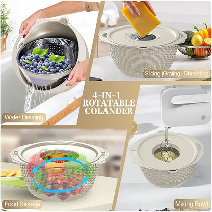 4-1 Colander with Bowl Set - Rotatable Colander for Kitchen (Patented), Upgraded Graters Food Strainers for Pasta Fruits and Vegetables, Funny Presents for Women, Aesthetic Kitchen Gadget - Beige - Image 4