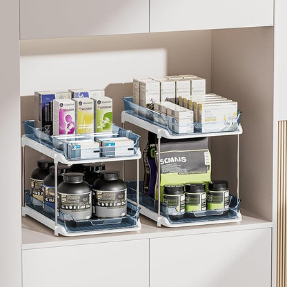 Delamu 2-Tier Multi-Purpose Bathroom Under Sink Organizers and Storage, Stackable Kitchen Pantry Organization, Pull Out Medicine Cabinet Organizer with Movable Dividers, Blue, 2 Pack - Image 6