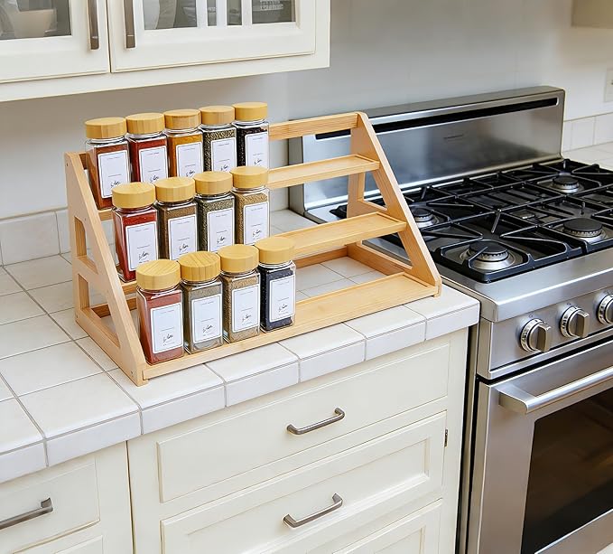 3 Tier Bamboo Spice Rack Organizer for Cabinet - Seasoning Rack Fits 24 Spice Jars, 17.5” Wide Countertop & Cabinet Organizer for Kitchen Organization
