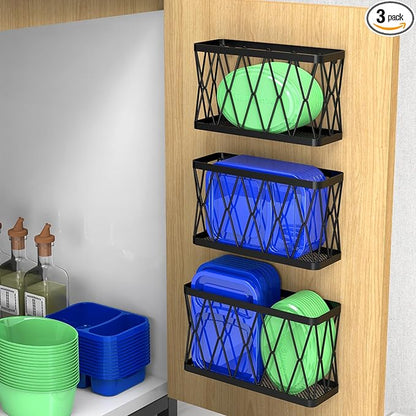 YIGII 3 Pack Adhesive Cabinet Organizer - Wall Mounted Pantry Door Organizer Bin Holder for Tupperware Lid Kitchen Wall Under Sink Basket Slim Space Black Stainless Steel by YIGII