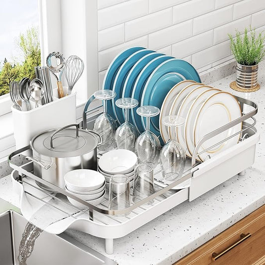 SNTD Dish Drying Rack, Expandable Dish Rack for Kitchen Counter, Stainless Steel Dish Drainer with Drainboard Set and Utensil Holder (White) by SNTD