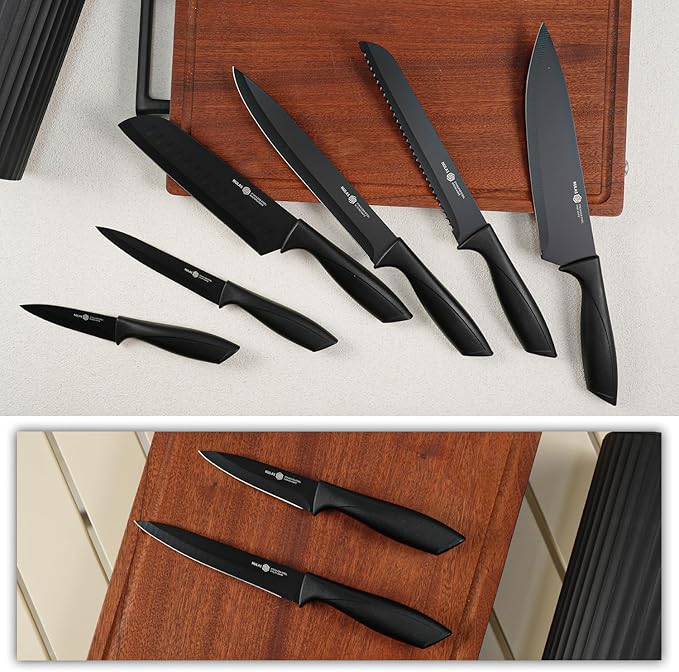 Knife Set, 8-Piece Kitchen Knife Set with Universal Block - Anti-Rust Chef Knives, Ergonomic Design, Dishwasher Safe (Black) - Image 7