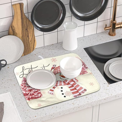 Giwawa Pink Snowman Dish Drying Mat Xmas Trees Bird Winter Snowy Scene Dish Drainer Mats 16"x18" Microfiber Reversible Dish Drying Rack Pad Protector for Kitchen Countertop Decor