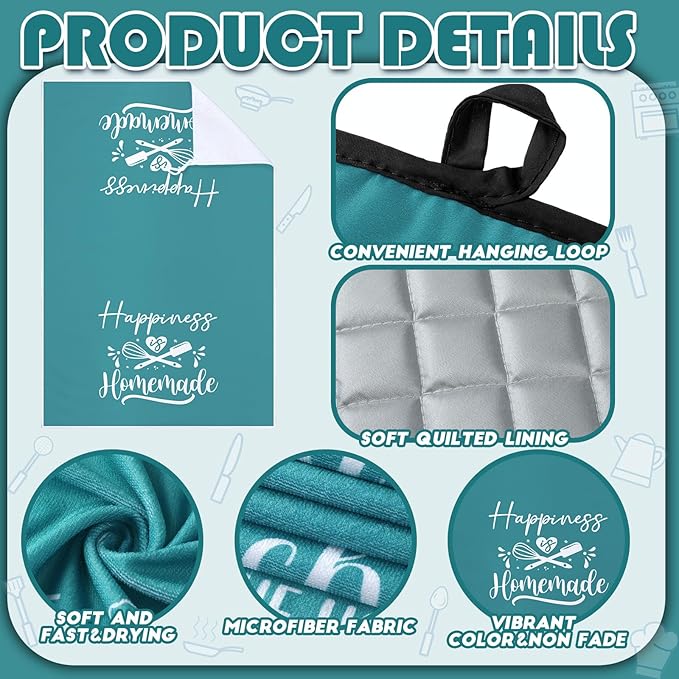 Sratte 6 Pcs Kitchen Decor Accessories Set Farmhouse Towels Pot Holders Oven Mitts Set 2 Dish Towels 2 Potholders 2 Cooking Mittens Oven Glove for Christmas Baking Cooking Supply(Teal,Kitchen) - Image 6