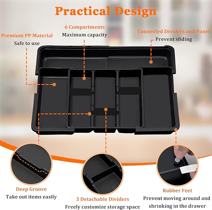 Spaclear Large Utensil Drawer Organizer Expandable Silverware Organizer for Kitchen Drawer Adjustable Cooking Utensil Holder Cutlery Flatware Tray Spatula Tools Gadgets Storage Dividers Plastic Black - Image 8