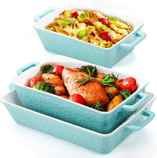 Okllen Set of 3 Casserole Dishes for Oven, Ceramic Baking Dishes with Handles, Rectangular Lasagna Pan Bakeware Set for Baking Cooking, Roasting, Broiling, Gratin, Wedding & Housewarming Gift, Blue by Okllen