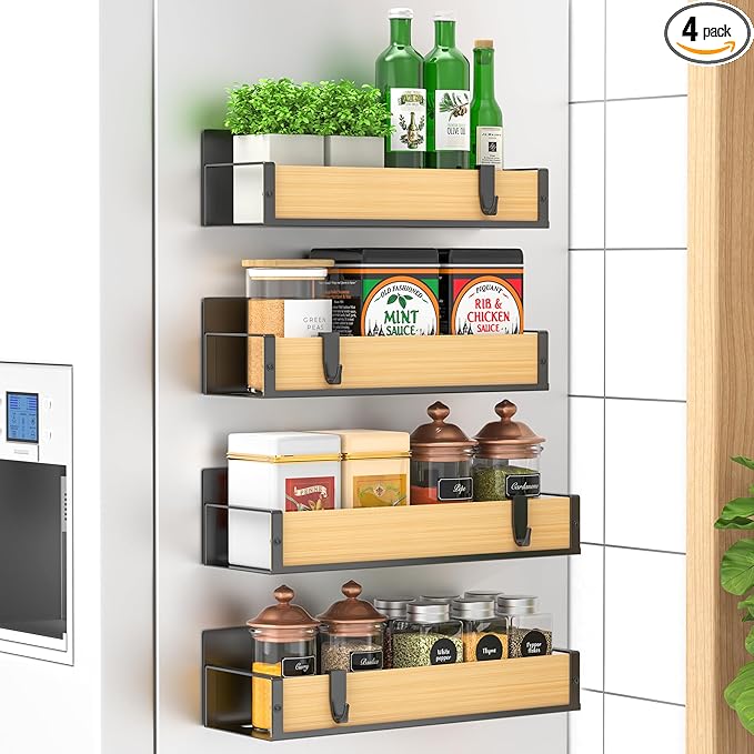 HuggieGems 4 Pack Magnetic Spice Storage Rack Organizer for Refrigerator and Oven, Wood Fridge Organizers and Storage by HuggieGems