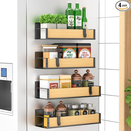 HuggieGems 4 Pack Magnetic Spice Storage Rack Organizer for Refrigerator and Oven, Wood Fridge Organizers and Storage by HuggieGems
