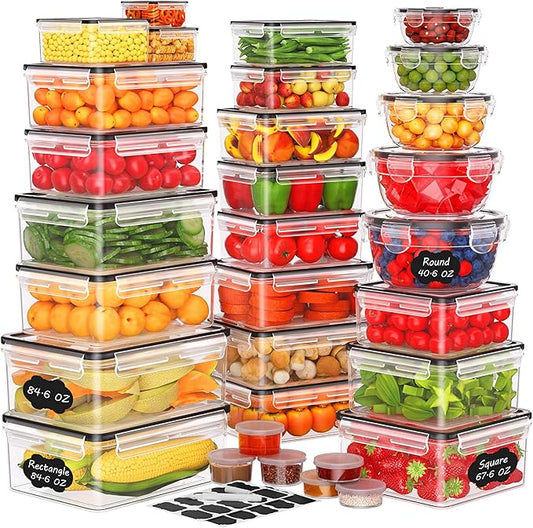 62 PCS Large Food Storage Containers with Lids Airtight (31 Lids & 31 Containers)- 85 OZ Reusable Plastic Leakproof Meal-Prep Container for Kitchen Storage Organization Microwave/Dishwasher Safe by JSCARES