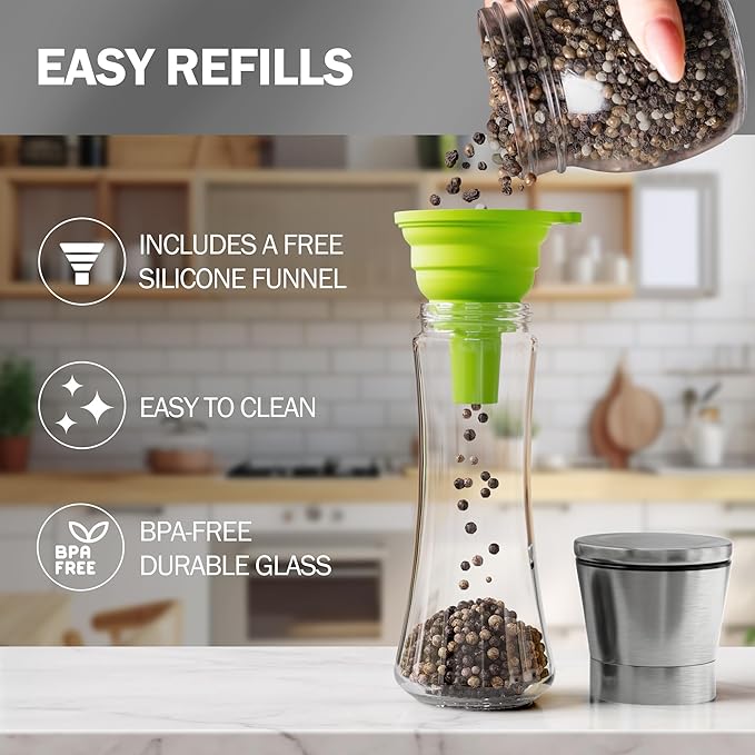 Home EC Premium Stainless Steel Sea Salt and Pepper Grinder Set of 2 - Adjustable Ceramic - Tall Glass Salt and Pepper Shakers - Kitchen Spice Mill W/Funnel & EBook - Image 5