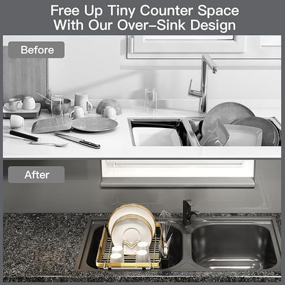 MAJALiS Dish Drying Rack Over The Sink, Expandable Stainless Steel Dish Drainer for Small Kitchen Counter Space Saving, RV Compact Plate Strainer in Gold Metal with Hanging Adjustable Utensil Holder - Image 2