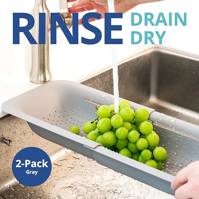 BLUE GINKGO Over the Sink Colander Strainer Basket - Wash Vegetables and Fruits, Drain Cooked Pasta and Dry Dishes - Extendable - New Home Kitchen Essentials (Grey, 2 Pack) - Image 2
