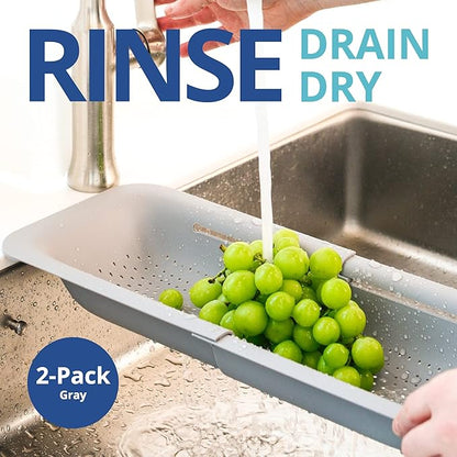 BLUE GINKGO Over the Sink Colander Strainer Basket - Wash Vegetables and Fruits, Drain Cooked Pasta and Dry Dishes - Extendable - New Home Kitchen Essentials (Grey, 2 Pack) - Image 2