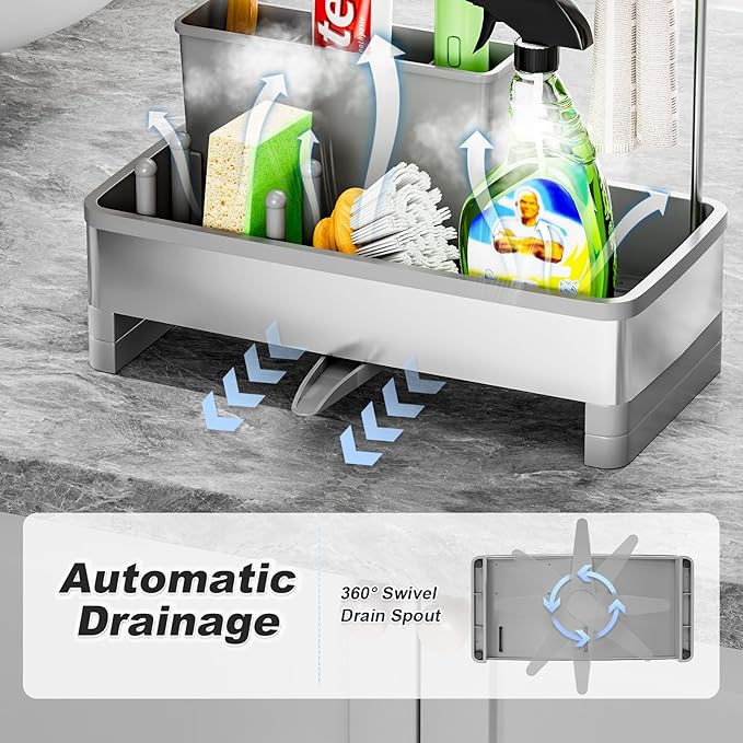 Ewaiira Stainless Steel Sink Caddy, Sponge Holder for Kitchen Sink with Brush Holder & Dishcloth Rack, Rustproof Sink Organizer Countertop, Kitchen Organizers Storage Essentials (F-Gray 9.8″) - Image 4