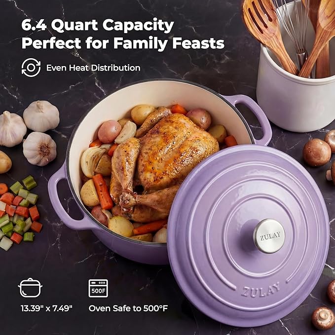 Zulay Kitchen 6 Quart Enameled Cast Iron Dutch Oven Pot with Lid – Premium Durability & Oven Safe up to 500°F – Heavy Duty Cookware Perfect for Bread Baking, Stews, Braising & Roasting - Lavender Jade - Image 6