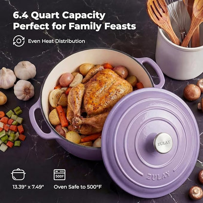 Zulay Kitchen 6 Quart Enameled Cast Iron Dutch Oven Pot with Lid – Premium Durability & Oven Safe up to 500°F – Heavy Duty Cookware Perfect for Bread Baking, Stews, Braising & Roasting - Lavender Jade - Image 6