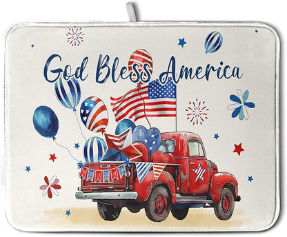 4th of July Drying Mat for Kitchen Counter 16 x 18 US Independence Day Patriotic Truck Dish Drying Mat Polyester American Flag Dish Drainer Mat Super Absorbent Dish Rack Pad for Coffee Bar Sinks by Kwlegh