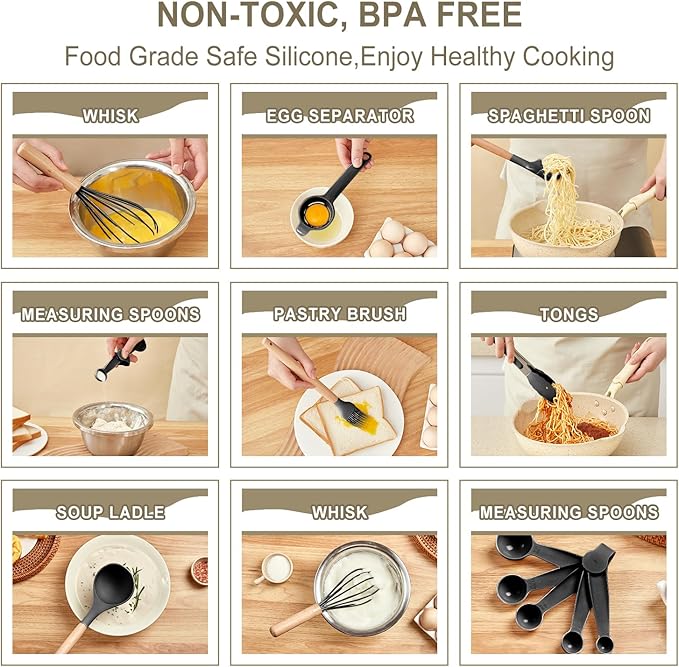 Kitchen Utensils Set - 34 PCS Non-Stick Silicone Cooking Utensils Set Spatula Set with Holder, Wooden Handle Spoon,Brush,Whisk Kitchen Gadgets Tools Set for Nonstick Cookware (Black-34P) - Image 2