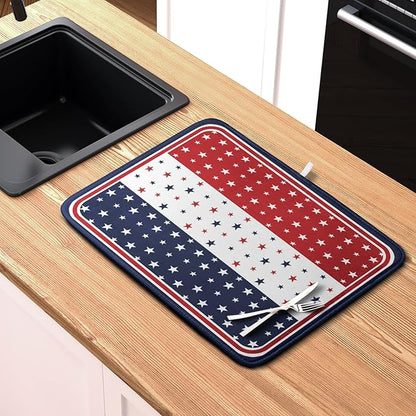 4th of July Dish Drying Mat for Kitchen Counter Patriotic Red White Blue Stars Drying Pad Microfiber Absorbent Dish Draining Mat Microfiber Independence Day Dish Drainer Rack Mats 18x24 Inch - Image 6