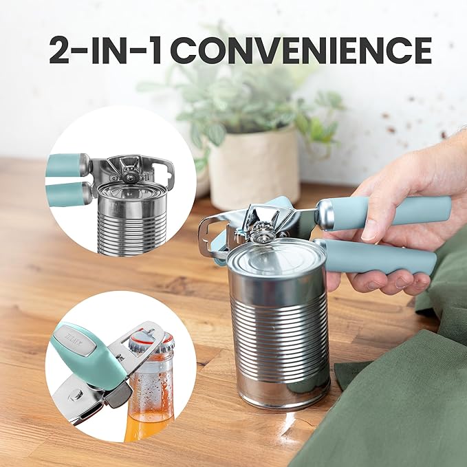 Zulay Kitchen Heavy Duty Stainless Steel Can Opener Manual with Bottle Opener - Rust Proof Manual Can Opener With Turn Knob & Comfy Soft Grip Handles - Mint - Image 3