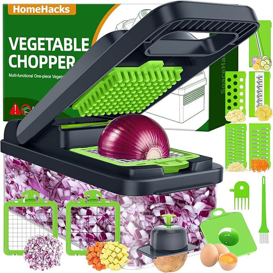 HomeHacks Vegetable Chopper Vegetable Cutter, 12 in 1 Kitchen Gadget, Dicer, Slicer, Onion Cutter, Salad, Cheese Grater & Egg Separator - Multi-Functional Veggie Chopper Lid with Handle (Green) by HomeHacks