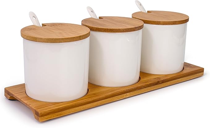 June Sky Ceramic Food Storage Containers with Bamboo Lid- Modern Design Porcelain Jar- Perfect Canister for Sugar Bowl Serving Tea, Coffee, Spice- Condiment Pot 8 oz, white