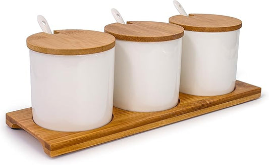 June Sky Ceramic Food Storage Containers with Bamboo Lid- Modern Design Porcelain Jar- Perfect Canister for Sugar Bowl Serving Tea, Coffee, Spice- Condiment Pot 8 oz, white