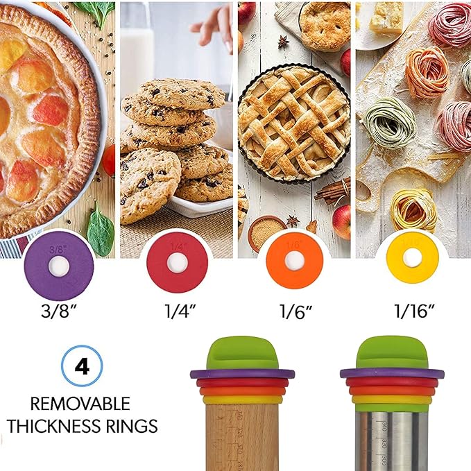 Adjustable Rolling Pin Rings with 4 Thickness Rings and Screws, Replaceable Baking Accessories for Stainless Steel or Wooden Rolling Pins, 1 Pack