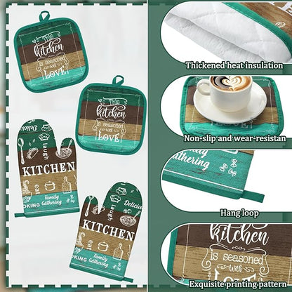 12 Pcs Farmhouse Kitchen Decor Sets 4 Teal Green Kitchen Towels 4 Teal Absorbent Dishcloths 2 Rustic Pot Holders 2 Oven Mitts Gloves for Home Decorations Mom Gifts