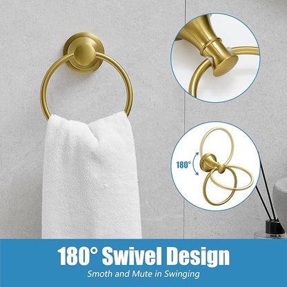 RUMOSE Toilet Paper Holder and Hand Towel Ring Brushed Gold Wall Mount Bathroom Hardware Accessories 2 PCS Set Flexible Pivoting Toilet Tissue Roll Holder and Towel Hanger, Stainless Steel