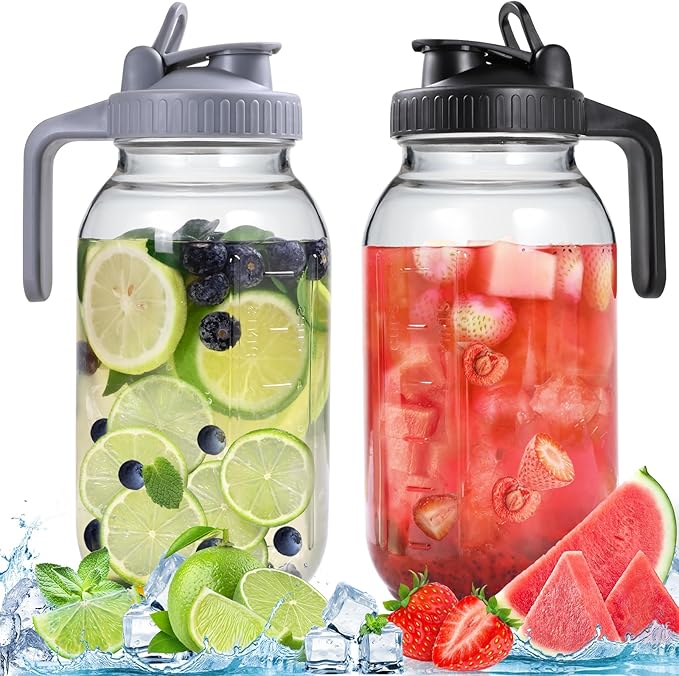 Glass Pitchers with Lid, Set of 2, 64OZ Leak-Proof Airtight Mason Jars, Wide Mouth Water Jugs for Cold Brew Coffee, Iced tea, Milk, Food Storage, Sun Tea Jar. by Scidea