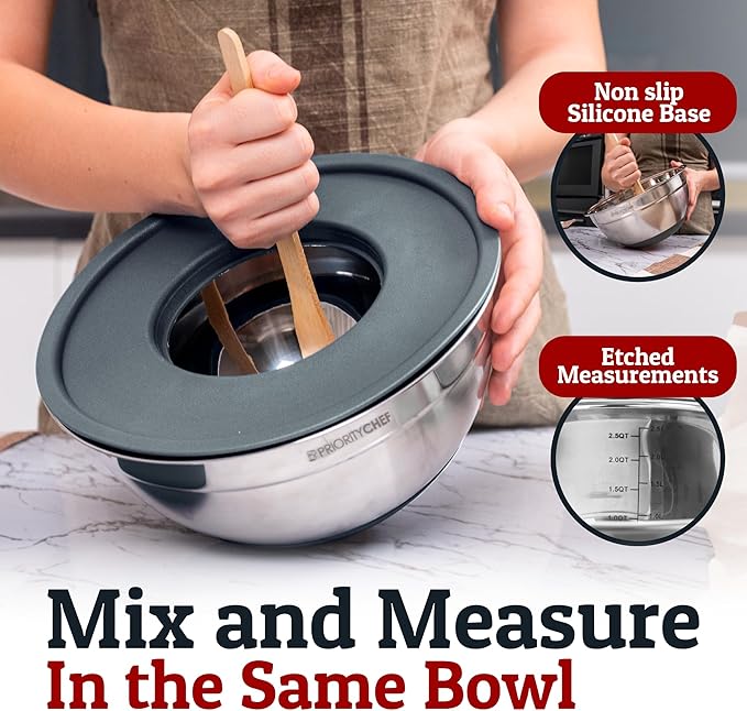 Priority Chef 6Pc Large Mixing Bowls With Lids Set with Non-Slip Bases, Stainless Steel Mixing Bowl Set, 6 Airtight Lids and 3 Graters, Grey - Image 3
