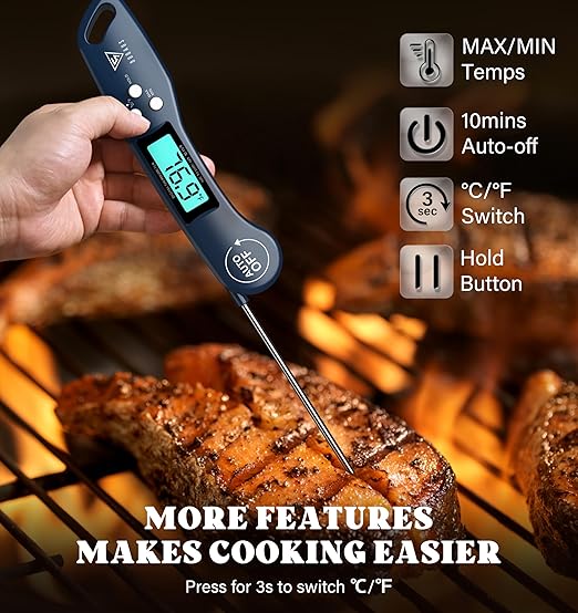 DOQAUS Digital Meat Thermometer, Instant Read Food Thermometer for Cooking with Backlit & Auto-Rotating Display, 4.6” Probe for Grilling, Baking, and Perfect BBQ - Blue - Image 5
