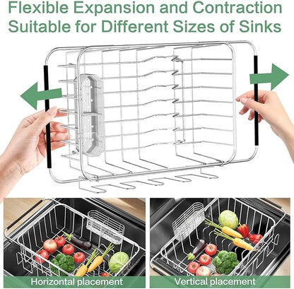 Small Dish Drying Rack in Sink, Extendable Stainless Steel Dish Drainers for Kitchen Counter, Anti-Rust Dish Dryer Rack with Utensil & Cup Holders, for Inside Sink, Over The Sink(for 1-2 People)