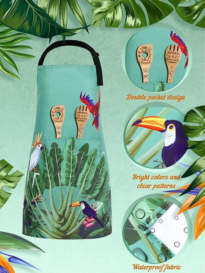 Bencailor 6 Pcs Spring Kitchen Aprons with Pockets Flower Rooster Bee Butterfly Sunflower Summer Aprons Bulk for Women(Green,Bird) - Image 5