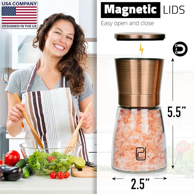 Premium Salt and Pepper Grinder Set with Bamboo Holder - 6 oz, Copper Stainless Steel - S&P Spice Shakers - Refillable & Adjustable Coarseness Hand Mill for Spices & Seasonings - by PJC-Kitchen - Image 3