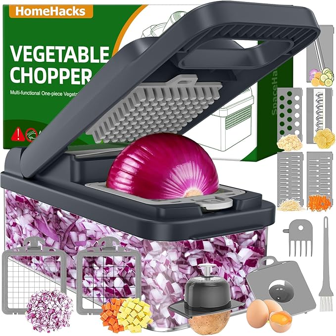 HomeHacks Vegetable Chopper Vegetable Cutter, 12 in 1 Kitchen Gadget, Dicer, Slicer, Onion Cutter, Salad, Cheese Grater & Egg Separator - Multi-Functional Veggie Chopper Lid with Handle (Grey) by HomeHacks