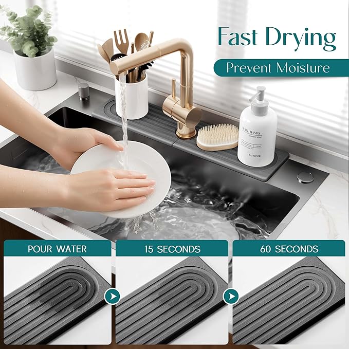Large Faucet Mat for Kitchen Sink - Stone Drying Mat for Kitchen Counter, Diatomite Fast Drying Stone Sink Tray, Super Absorbent, Stylish Decor and Protector for Bathroom (Dark Grey, 23.6" x 5.5") - Image 3