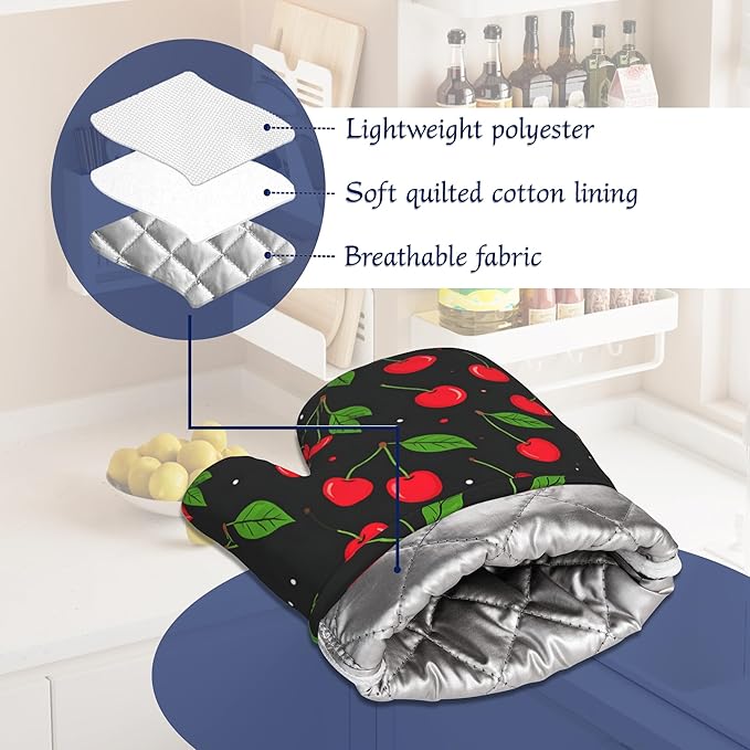 Oven Mitts and Pot Holders Sets Red Black Cherry Silicone Kitchen Mits Potholders Tropical Fruit Cherries Heat Resistant 4Pcs Oven Gloves Hot Pads for Baking Cooking BBQ Grilling Home Decor