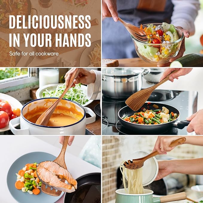 5 PCS Wooden Spoons for Cooking Natural Teak Kitchen Utensils Set Smooth Non-Stick Surface Cooking Utensils Set Soft Comfort-Grip Wooden Spatula Set - Image 6
