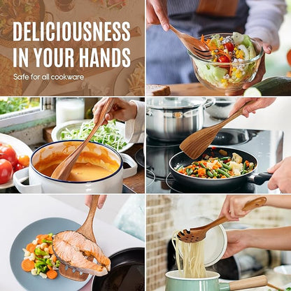 5 PCS Wooden Spoons for Cooking Natural Teak Kitchen Utensils Set Smooth Non-Stick Surface Cooking Utensils Set Soft Comfort-Grip Wooden Spatula Set - Image 6